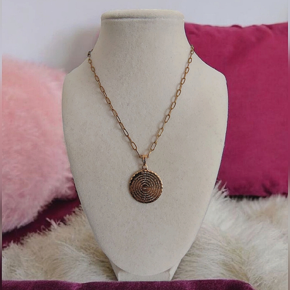 Gold Tone Chain Link Necklace With Gold Lord's Prayer Pendant